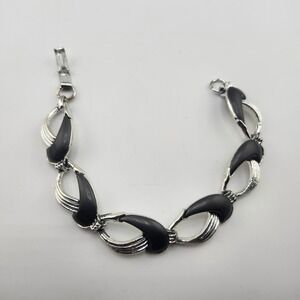Vintage Silver Tone Black Thermoset‎ Link Bracelet Costume Jewelry